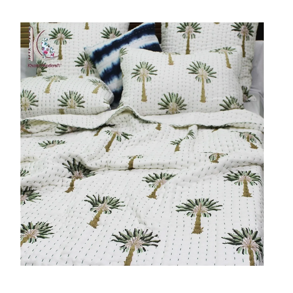 Зеленое одеяло kantha с пальмой оптовая продажа из 100% хлопка для королевской королевы