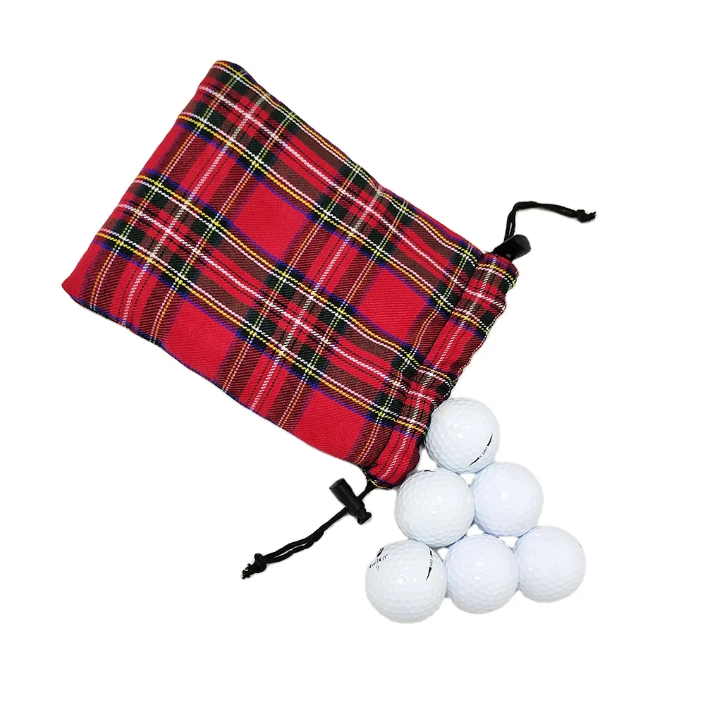 Factory price Scotch check pattern golf ball tee marker packing drawstring bags customized small pouch with suede string