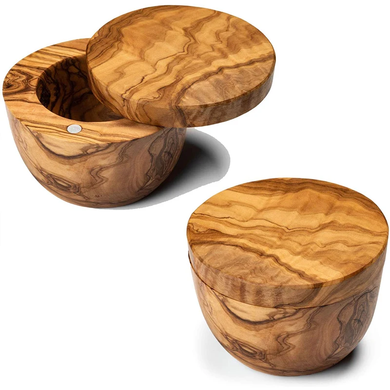 Olive Wood Salt Box Round Wooden Salt Keeper with Lid,  olive wood seasoning box