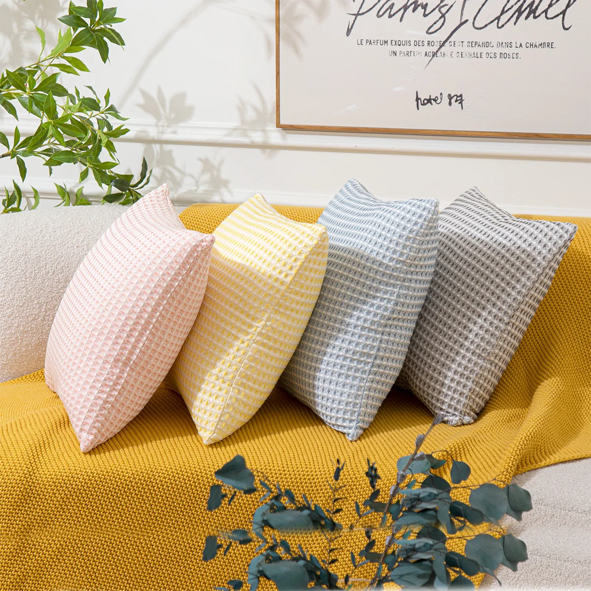 Elegant Home Decorative Cotton Waffle Textured Decorative Cushion Cover, Solid Color Throw Pillow Covers for Sofa Decor
