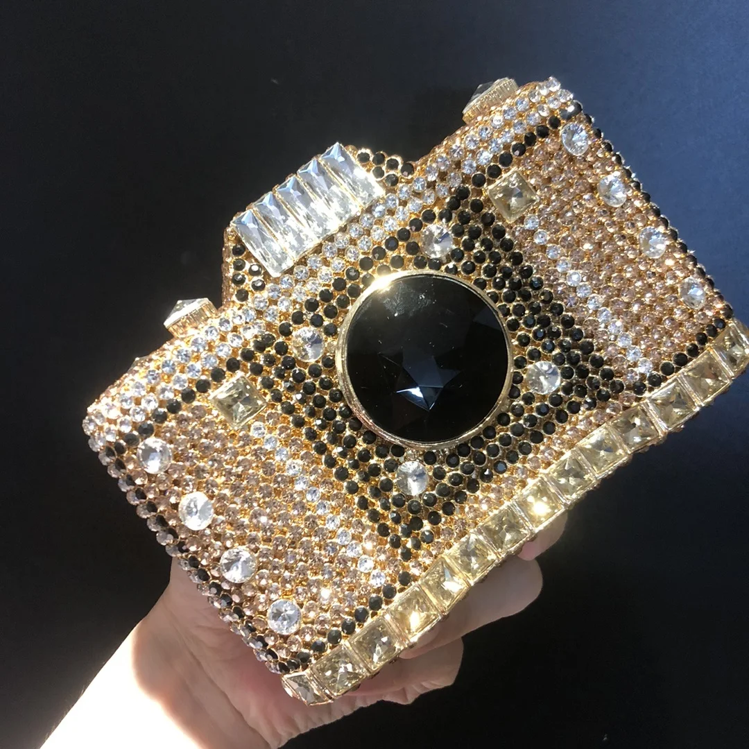 Amiqi MRY87 Wholesale New Arrival Ladies Fashion Camera Clutch Purse Crystal Evening Purse Dinner Party Gold Chain Bag For Women