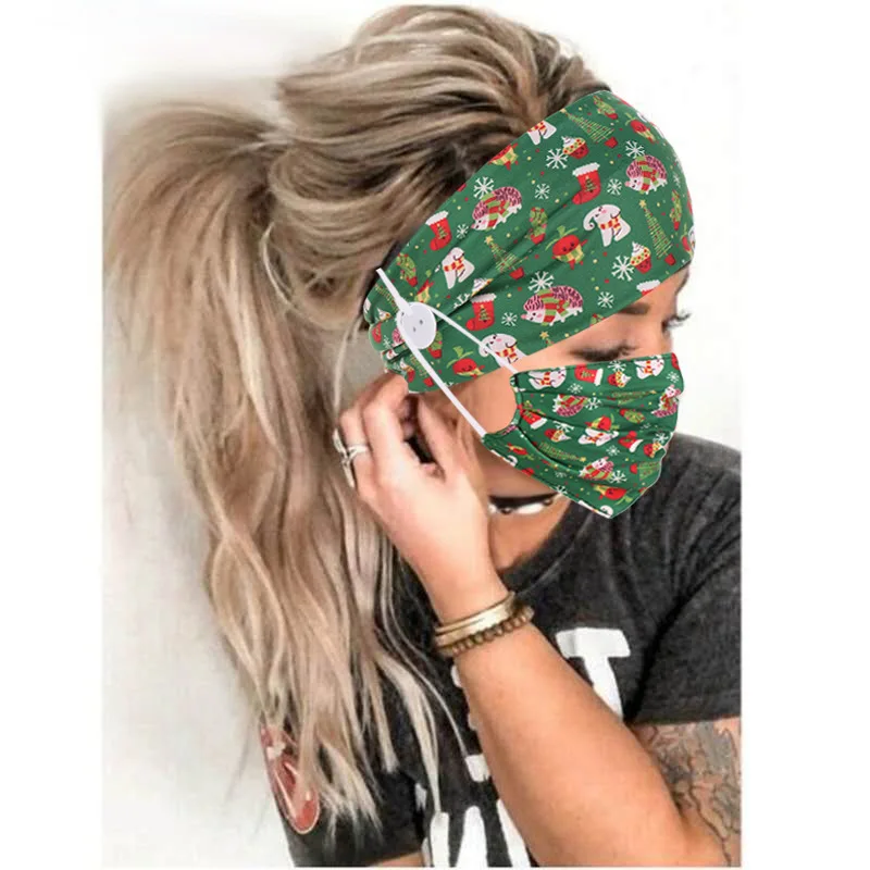 
hot selling new button ear protect elastic hair band American style Halloween Christmas Printing headband mask set 