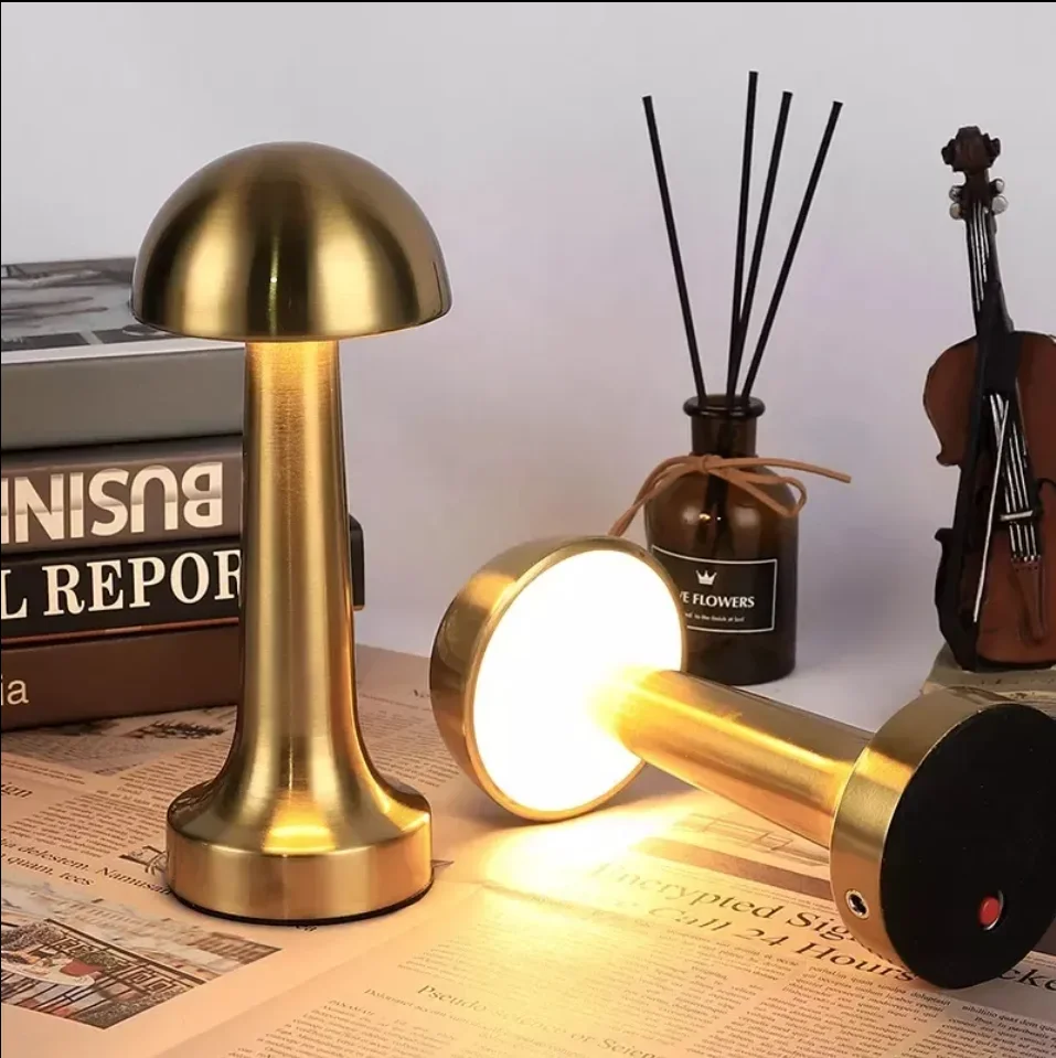Nordic Vintage Mini Table Lamp Gold Bar Mushroom Metal Design Cordless Rechargeable Dumbbell Portable Mini Touch Table Light