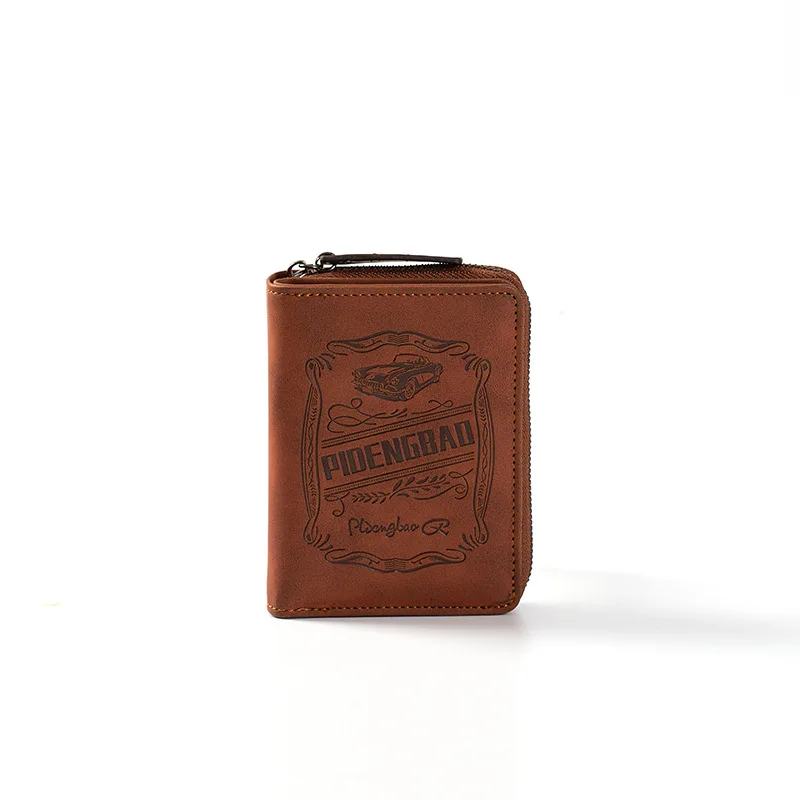 Premium Car Printed Vertical Wallet Embossed Crazy Horse Leather Money Clip Men Purse Separate Card Holder Short Zipper Wallet
