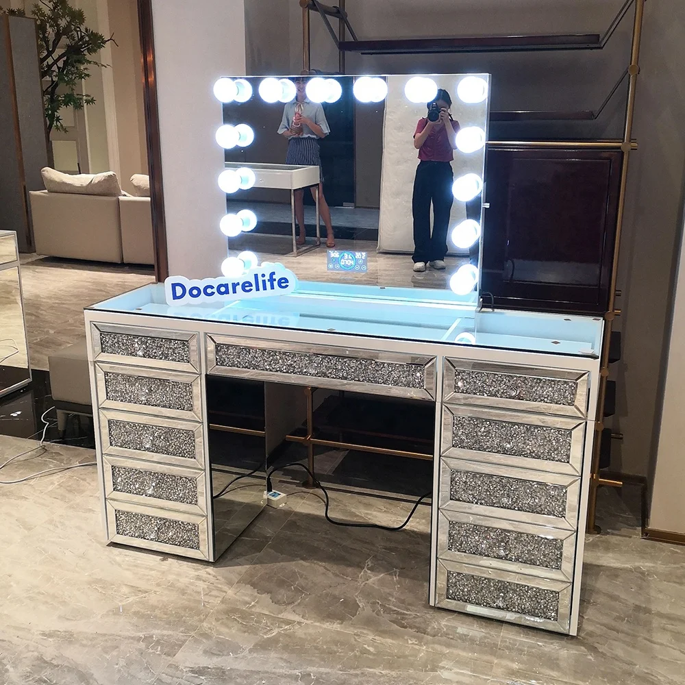 2021 latest designs modern wooden makeup vanity table with mirror lights and stool
