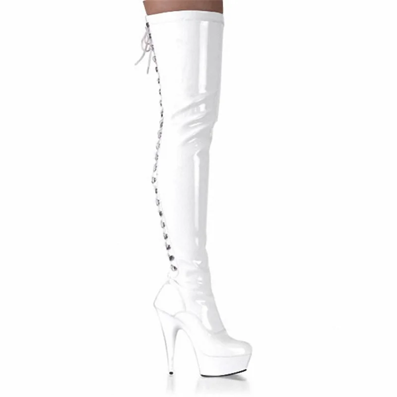 Sexy Punk Women Lady Sissy Size 46 PU Strippers Pole Platform Red High Heel Shiny Long Boot Thigh High Over the Knee High Boots