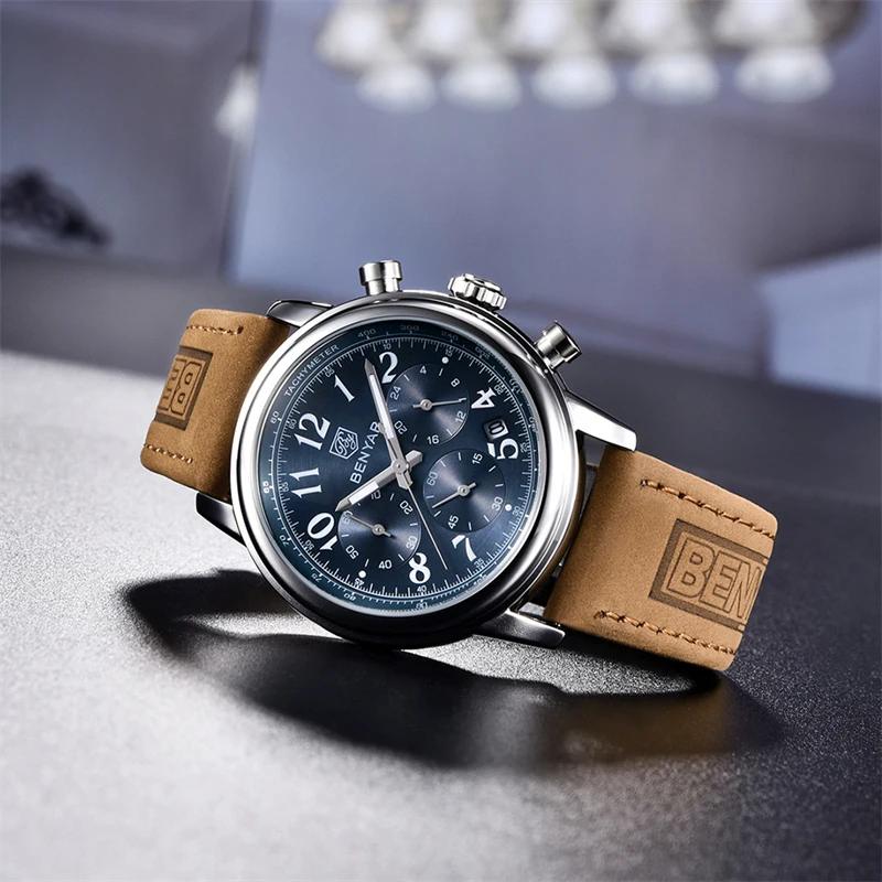 New Watches Men Luxury Brand BENYAR Chronograph Men Sport Watches High Quality Leather Strap Quartz Wristwatch Relogio Masculino