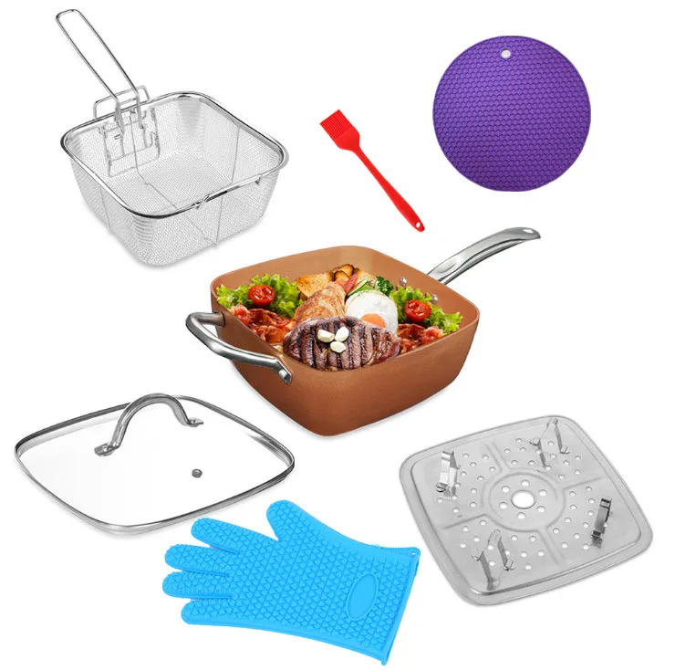 Customized size printing logo Wok 4 Set Frying Pan Copper non-stick pan  Double bottom Flat bottom 24cmSquare Pot