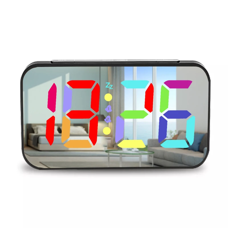 Multi Color Digital Led Mirror Alarm Clock Snooze Desk Clock Brightness Adjustment Large Screen Cosmetic Mirror Clock