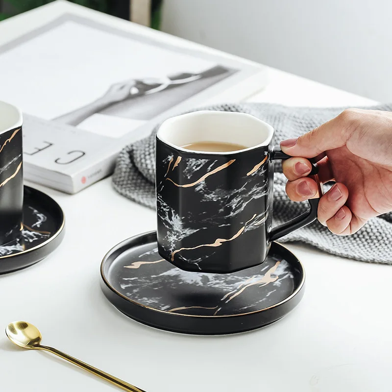 Wholesale European Style Light Luxury Coffee Mug and Saucer Creative Diamond Stone Pattern Mugs Ceramic Cups Household Water Cup