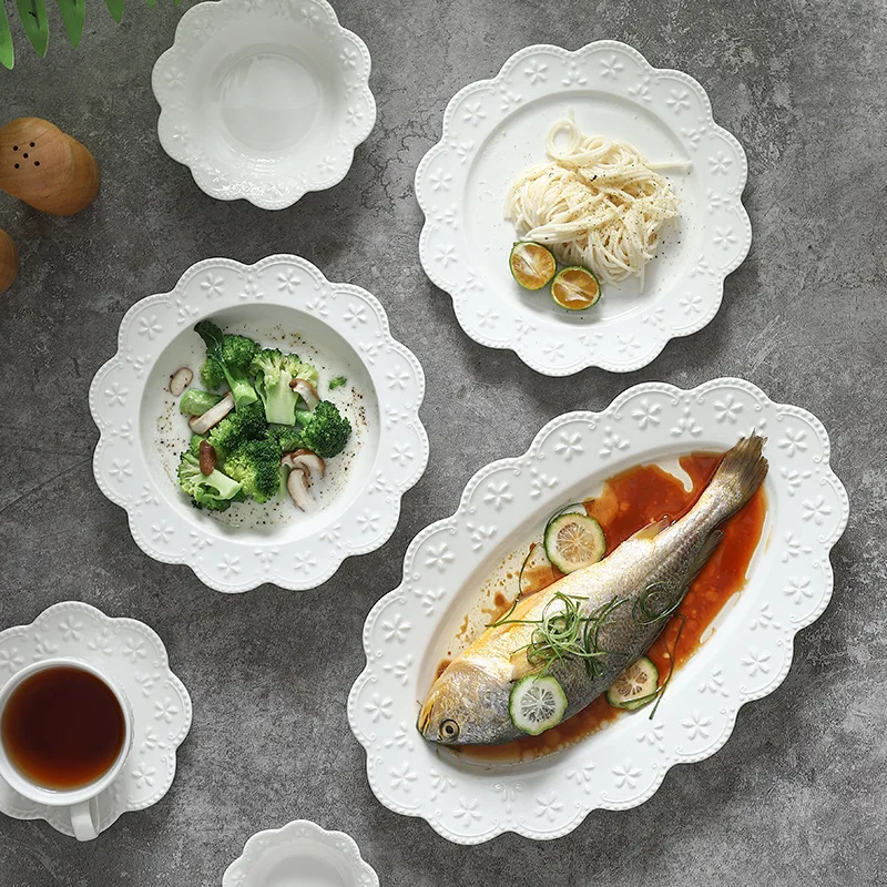 Floral Embossed Luxury Dinnerware Set Restaurant Quality Ceramic Elegant White Design Dinner Plate Collection