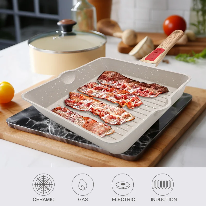 PFOA Free Non Toxic Non-stick Granite Grilling Pan Aluminum Square Grill Skillet 9.5 Inch Nonstick Grill Pan with Pour Spouts