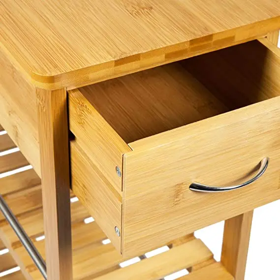 Bamboo Kitchen Trolley Cart with Drawer, Utility Organizer Rack, 4-Tier Slimline Bamboo Kitchen Islands Storage Trolley Cart