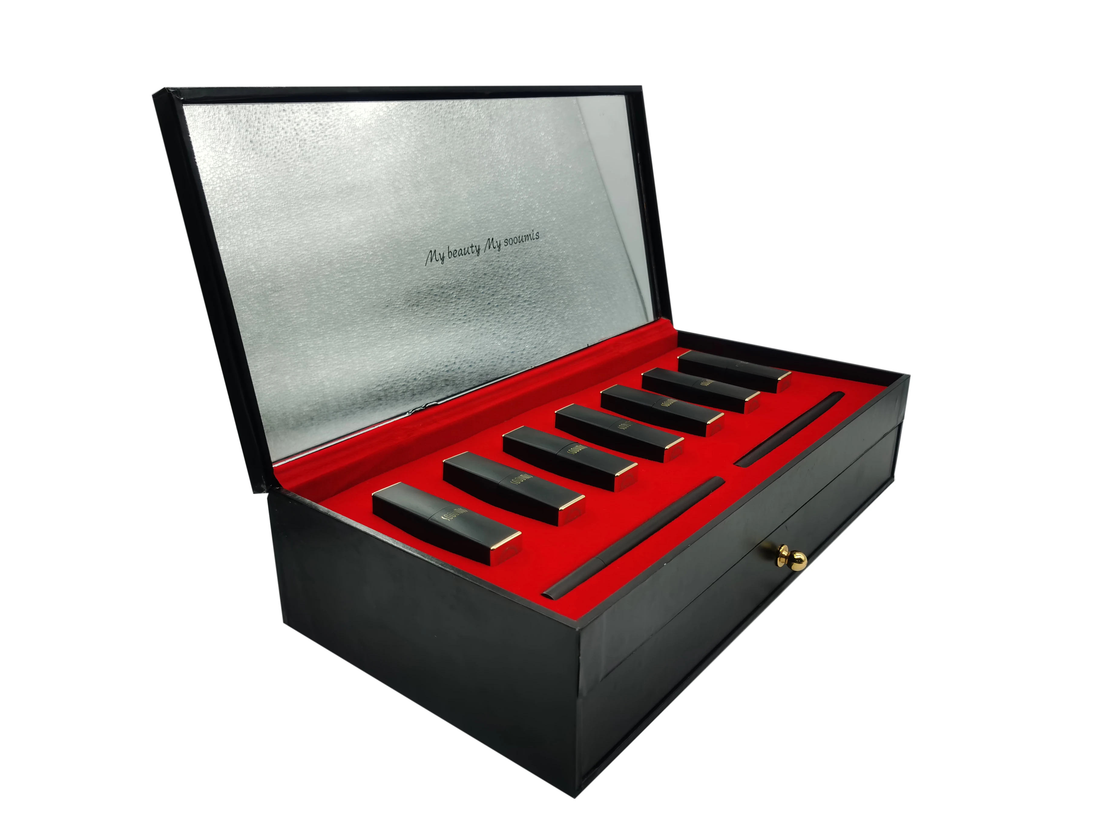 Custom Hard Case Black Double 2 Layer Drawer Rigid Lipstick And Cosmetic Set Gift Packaging Box