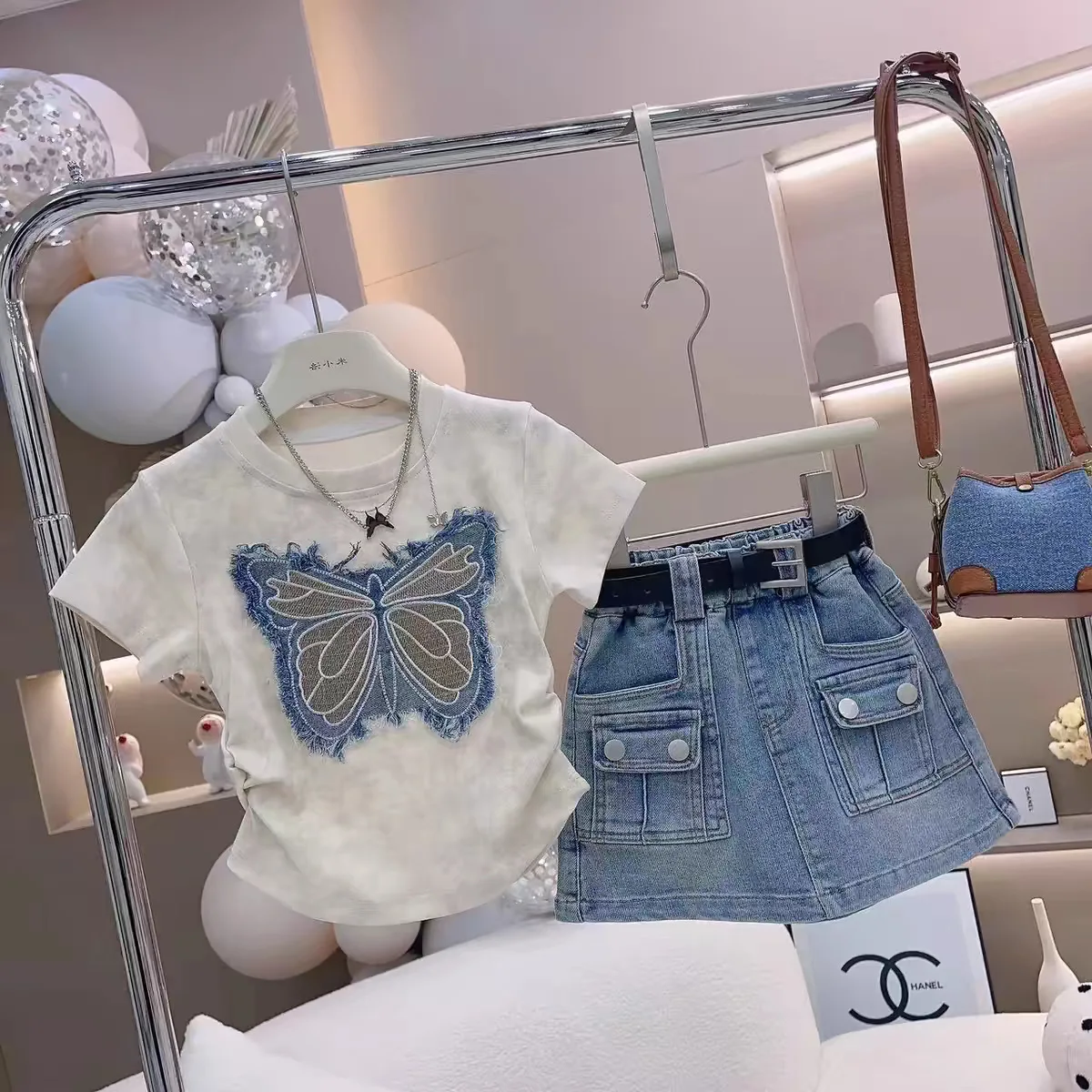 Girls 2024 Summer New Kid Girls Butterfly T-shirt+denim A-line Skirt 2 PCS Set Clothes