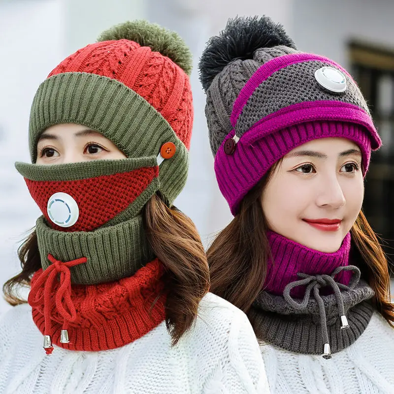 Soft Thicken Wool Ski Hat Women Warm Hats Neck Warm Winter Wool Hat Set Women Men Beanie Knitted Cap Scarf Mask Set
