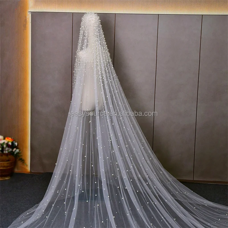 YM131 gorgeous Pearls Cathedral Veil with Comb Soft 1 Tier Wedding Veil for Bride Wedding Accessories