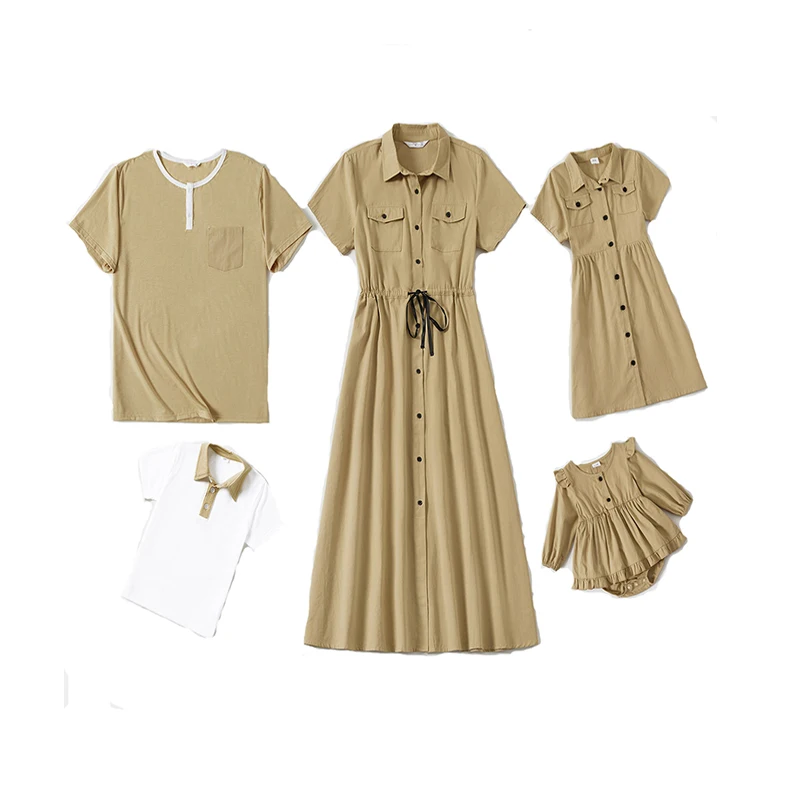 Women Girls Natural Short Sleeve Camp Pocket Shirt Dress and Dad Son T-shirts Family Matching outfits