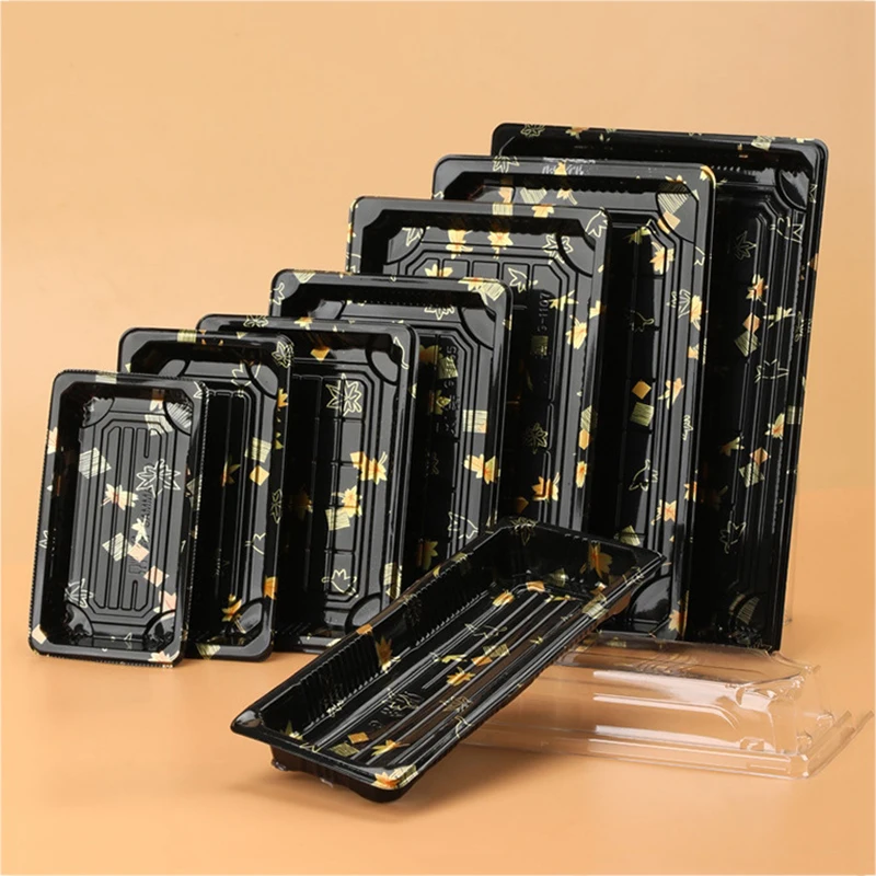 Food Grade Disposable PET Plastic Plate Leak Proof Sushi Tray Container Japanese Sushi Takeaway Packaging Box with Lid