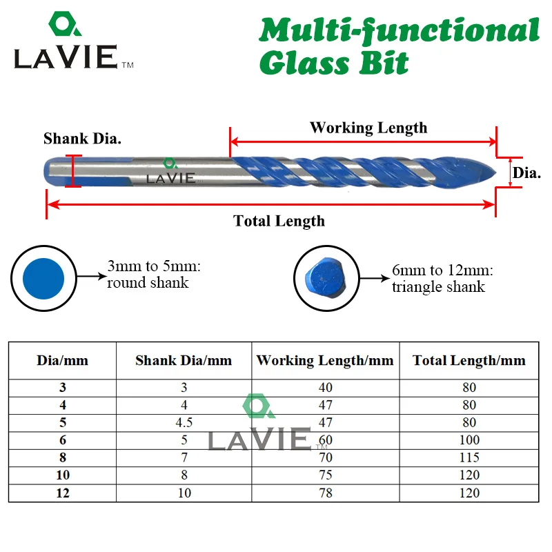 Многофункциональное сверло LAVIE DB02055 из стекла с треугольными насадками для керамической плитки бетона мрамора 3-12 мм