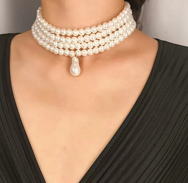 2024 Chokers Multi-layer Pearl Statement Bridal Choker Necklace Simulated Pearl for Wedding Party Jewelry Hiphop Chains