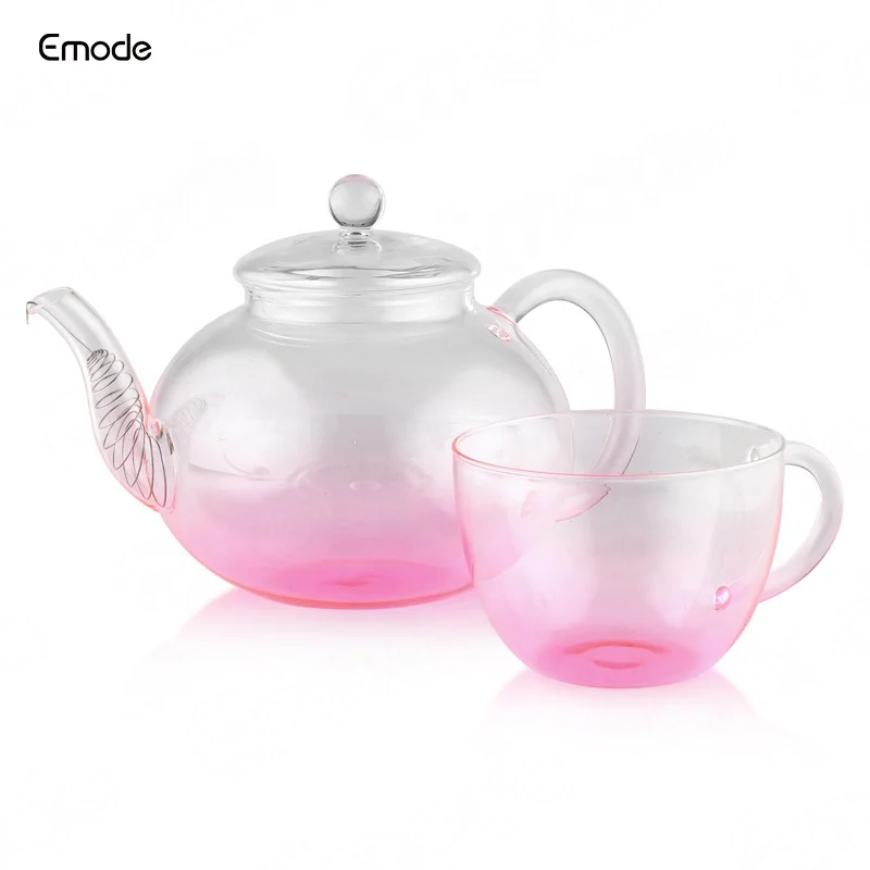 Emode Glass Tea Pot with Tea Cups Removable Infuser Blooming and Loose Leaf Tea Maker and Teacups Set, Stovetop Microwave Safe