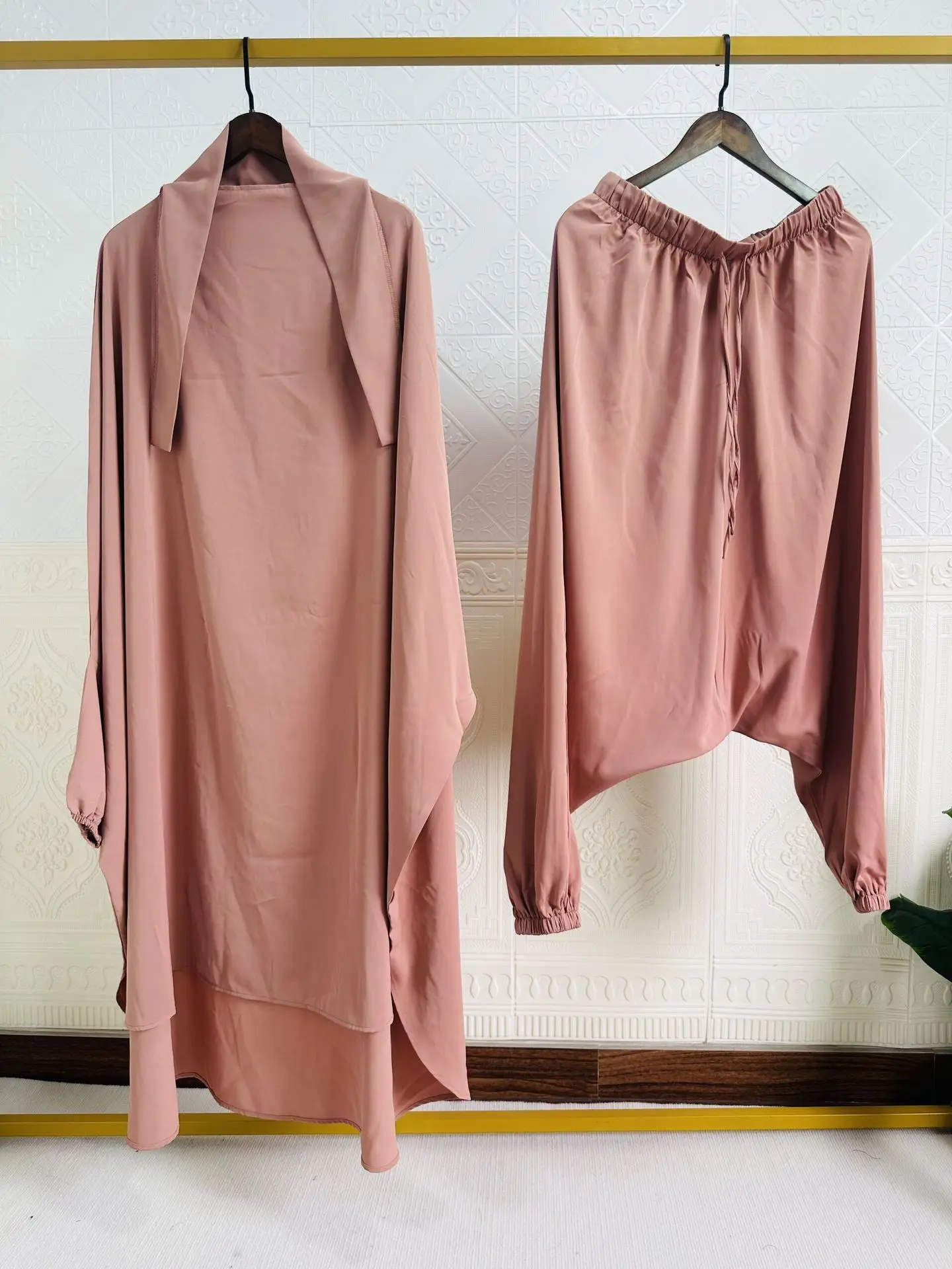 Solid/Basic Chador 2 Piece Hijab Pant Set Women Abaya Dubai Modest Abaya And Khimar Set