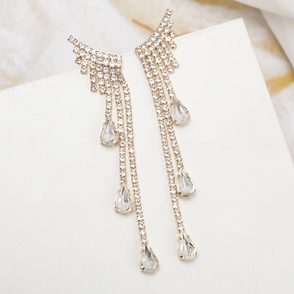 Best Sell Products Gold Plated Teardrop Crystal Rhinestone Long Korean Tassel Earrings High Quality Jewelry Women Wholesale