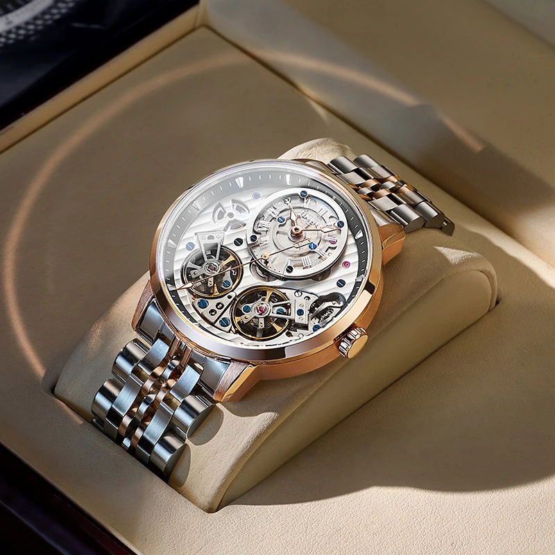 Механические часы jinshanghai с двойным маховиком, модная маленькая пластина с тремя контактами, водонепроницаемые механические часы с ремешком из нержавеющей стали