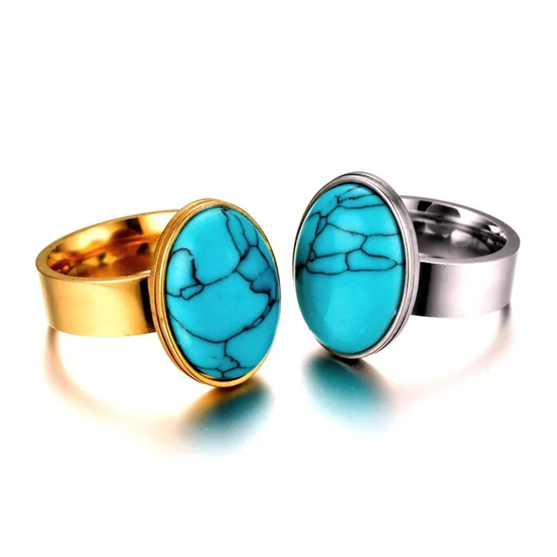 Retro Big Turquoise Stone Rings Titanium Steel Coral Floating Promise Rings Jewelry for Men Women