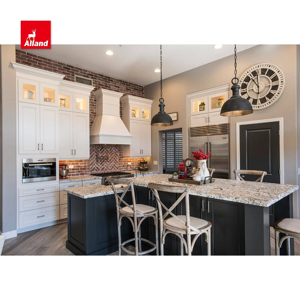 AllandCabinet Подгонянный фермерский дом из цельного дерева шейкер стиль L-образный дизайн кухонного шкафа стеклянная дверь с островом и вытяжкой