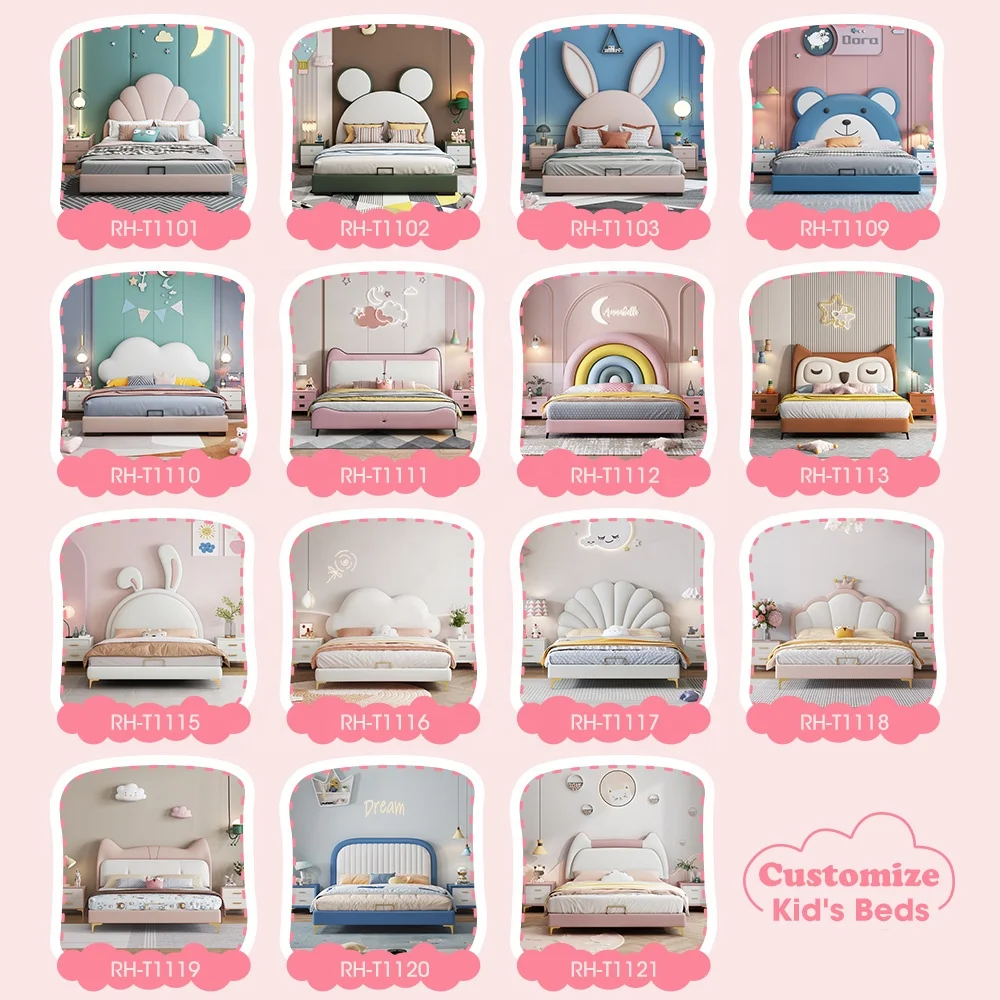 Chinese Zodiac design custom kid themed hotel bedroom cartoon ottoman bed platform headboard soft cushion upholstered wooden bed