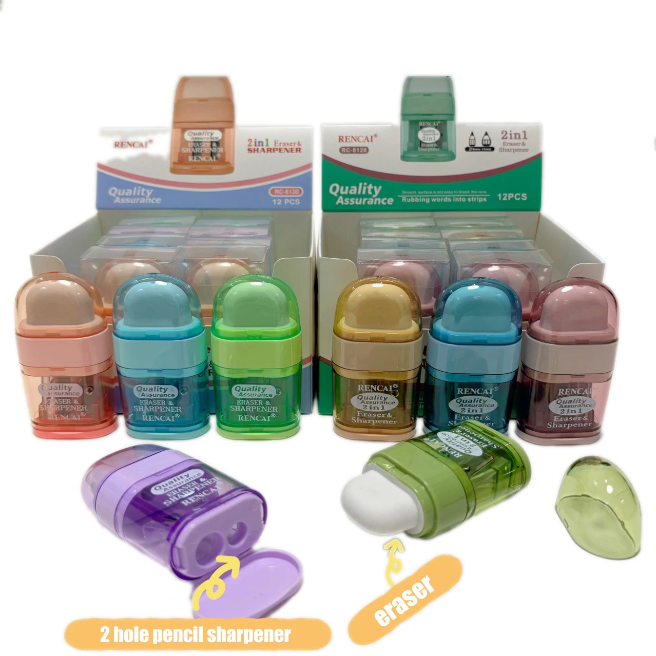 Double Hole School Pencil Sharpener with Rubber Eraser, Student School Stationery Supply Wholesale