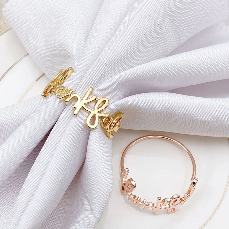 
Hot selling metal napkin ring letter thankful napkin ring rose gold napkin circle for Party 