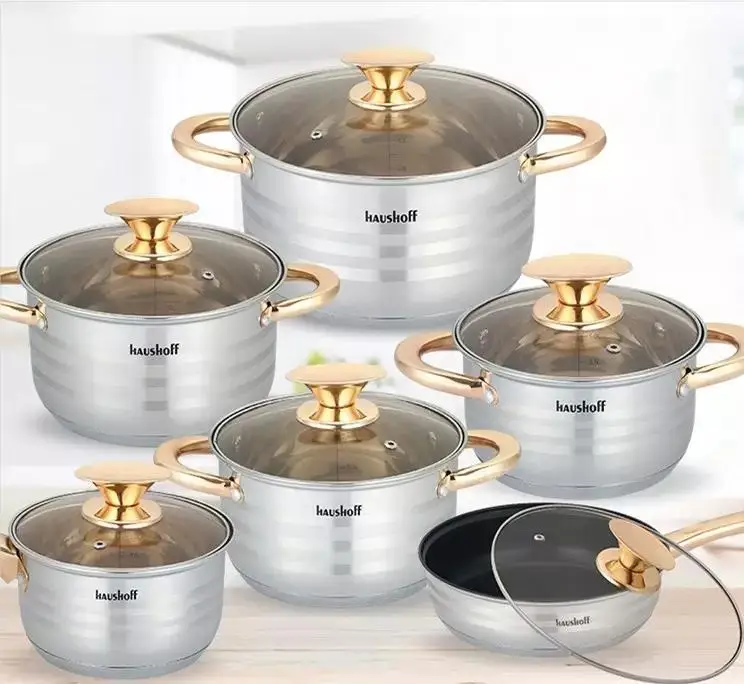 Wholesale 12pcs cookware thickened with gold handle stainless steel pot for kitchen