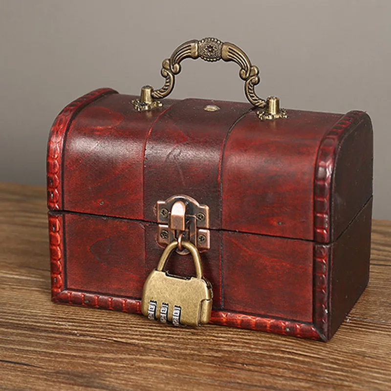 Antique Vintage Wooden Box  Small Metal Lock Jewelry Treasure Chest Handmade Retro Wood Organizer