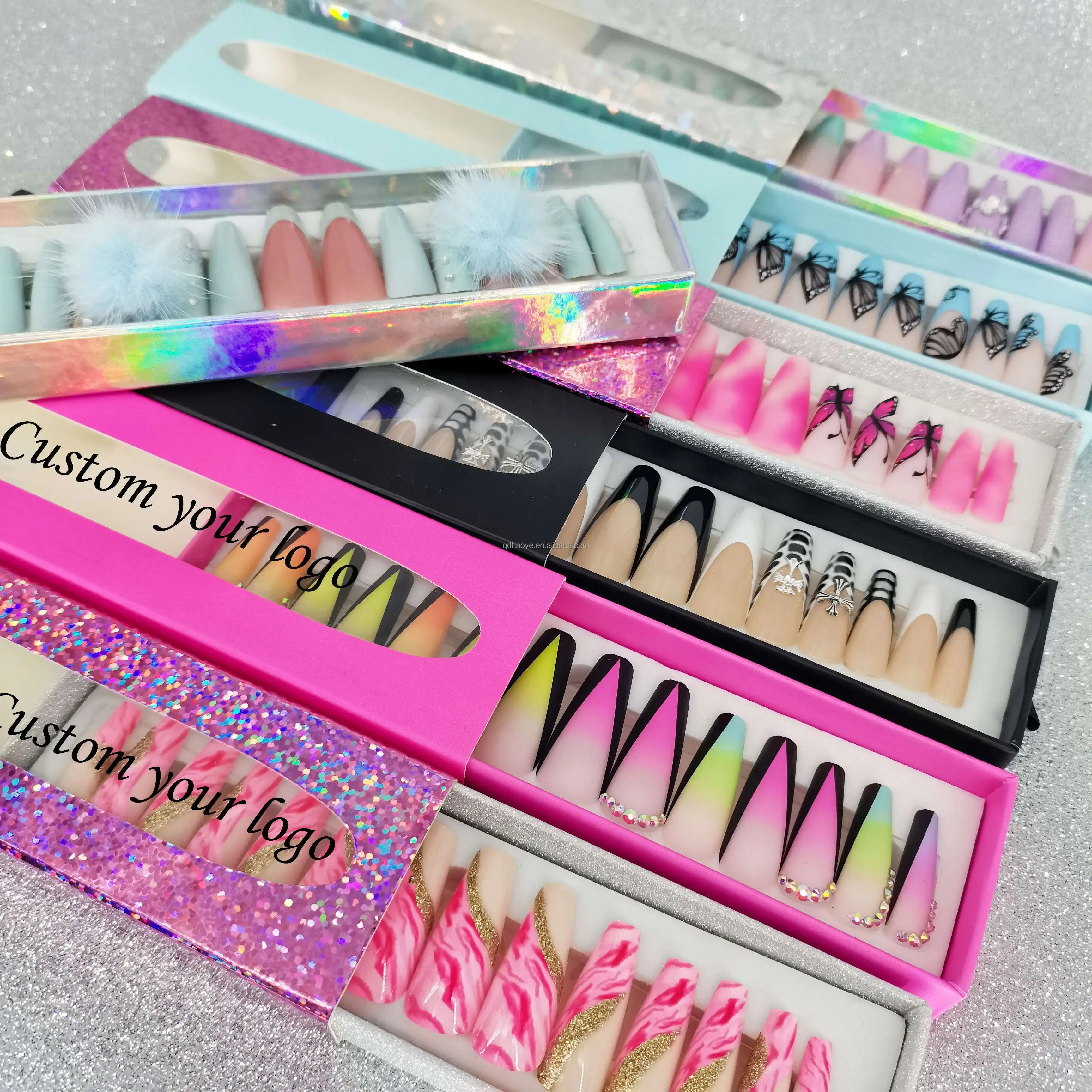 24Pcs/Box Colors Wholesale Long Coffin Ballerina French Rhinestone Artificial Press On Nails