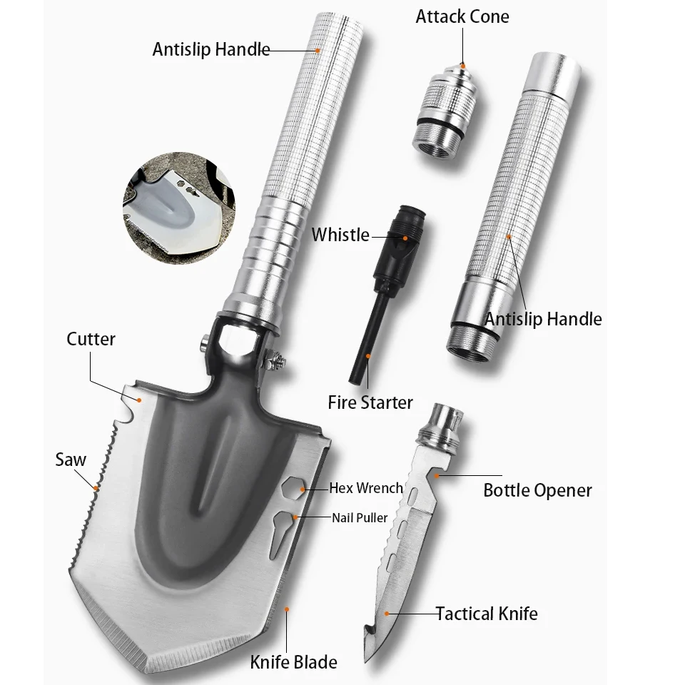 10 IN 1 Custom Outdoor Camping Hiking Survival Shovel Folding Multifunction Tactical Shovel For Gardening, Hiking