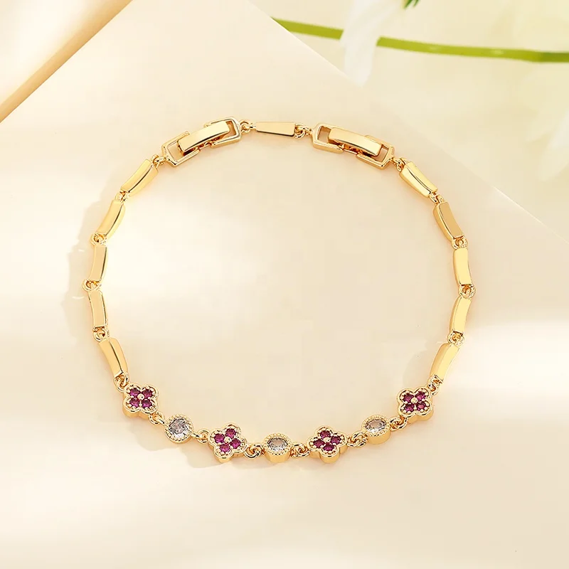 New Brass Design Girl Bracelets Women Purple Four-Leaf Clover 18K Gold Friendship Bracelet Ladies With Jewelry