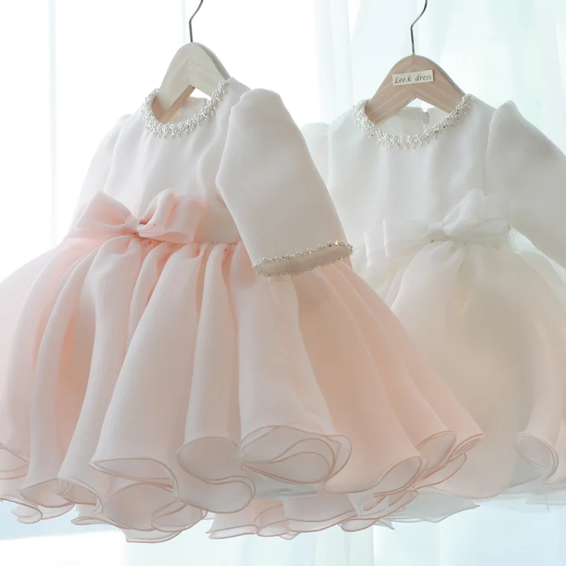 Long sleeve Pink soft tulle Ruffle Flower Girl Dress wedding Boat Neck children clothes girl dresses