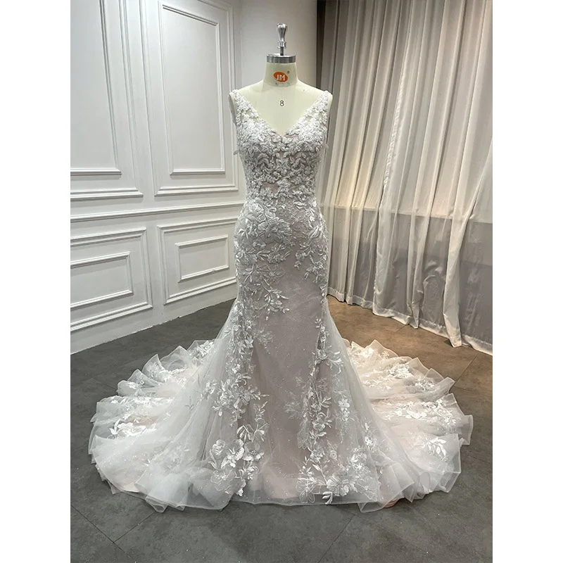 Wholesale Vestido De Novia Modest Wedding Dress Bridal Gowns Sparkly V Neck Beaded Mermaid Pink Wedding Dresses for Bride