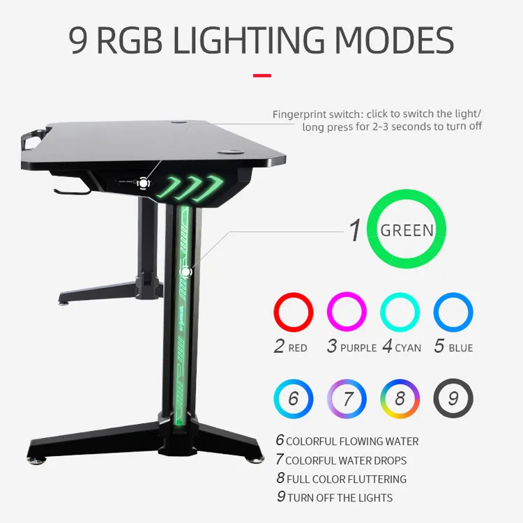 Gaming Table with 9 LED Lights Modern Computer Gaming Desk Furniture
