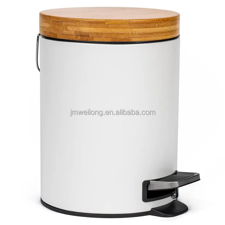 Home 5L Pedal Bin With Bamboo Lid & Pedal Metal Trash Can Garbage Bin Kitchen Toilet Washing Room