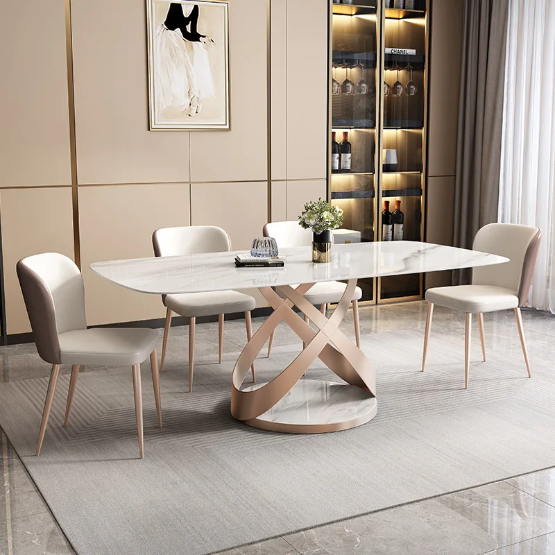 Modern Luxury Rectangular White Dinner Kitchen Dining Table with Rock Slab Stone Table Top and Metal Legs  for Dining Room