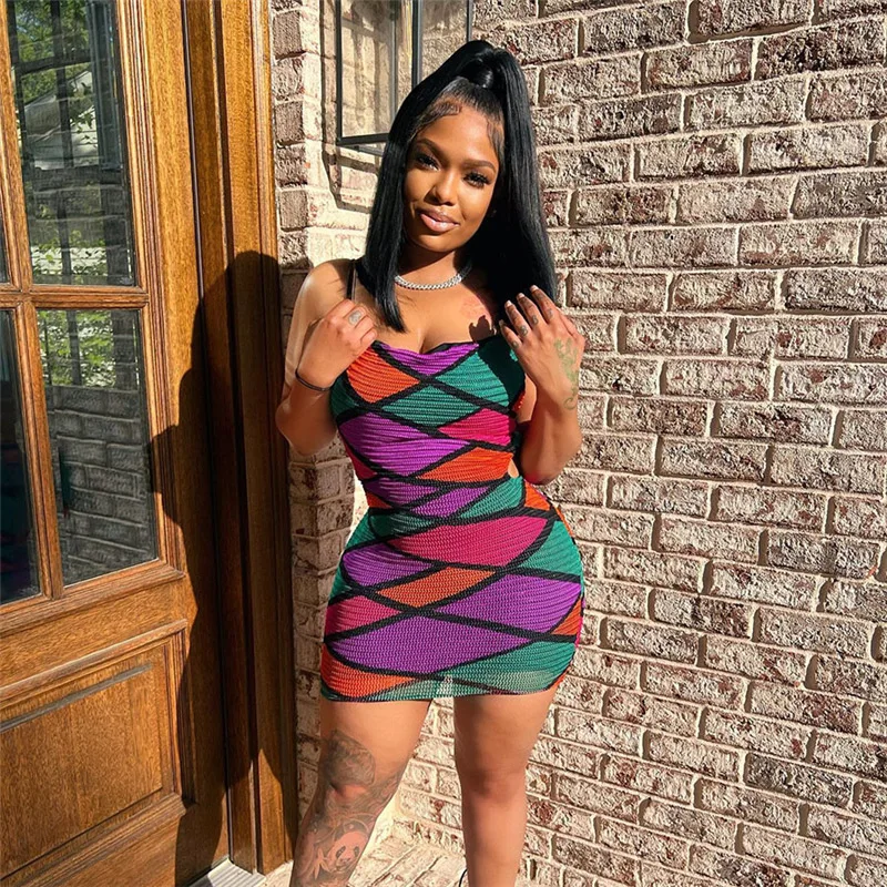 Spring Women Clothing Casual Dresses Elegant Colorful Printed Stripe Bodycon Dress Clothes