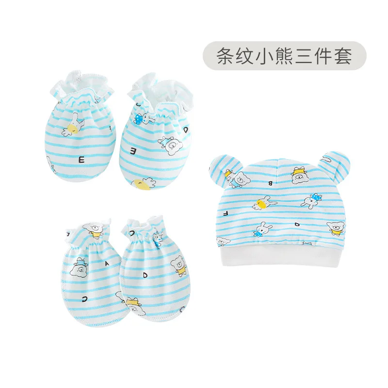 Amazon Hot sale Newborn baby boy and girl cotton breathable soft baby hats and mittens booties set
