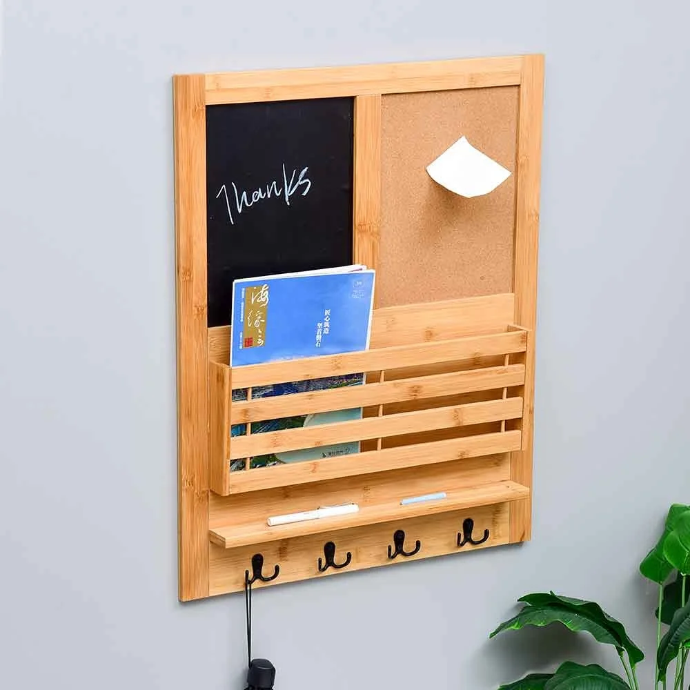 Bamboo Floating Wall Shelf Key and Mail Holder for Wall with Messages Board