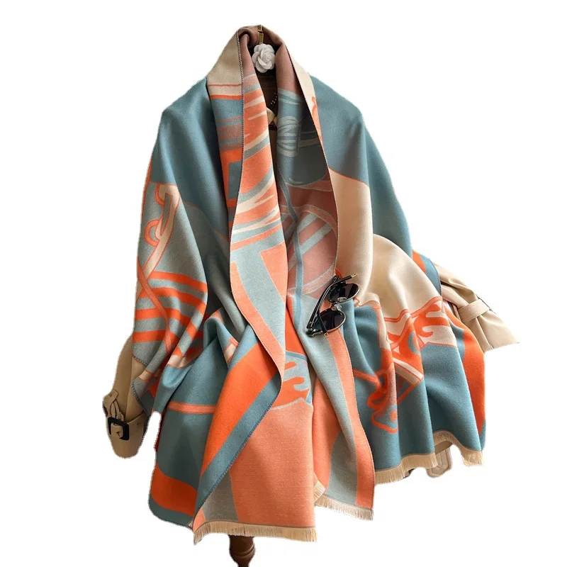 Luxury Brand Winter New Stripe Scarf Warm Shawl Thicken Tassels Jacquard Cashmere-like Fashion Show Poncho Cape Womens Pashmina