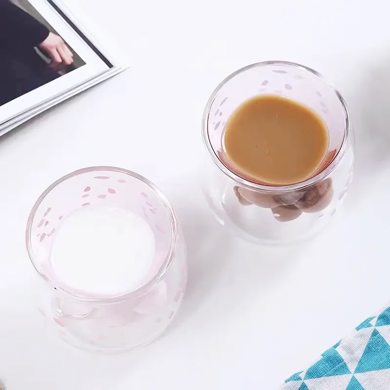 Cherry blossom pink girl cat claw cup high borosilicate glass double layer cup heat proof coffee milk juice cup