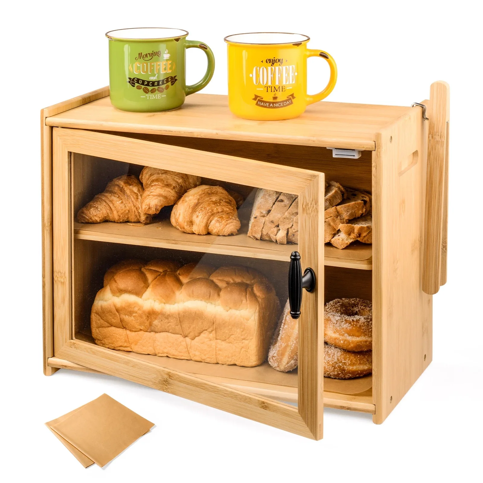 Natural Bamboo Bread Bin,Double Layer Bread Box with Cutting Board Clip and Door